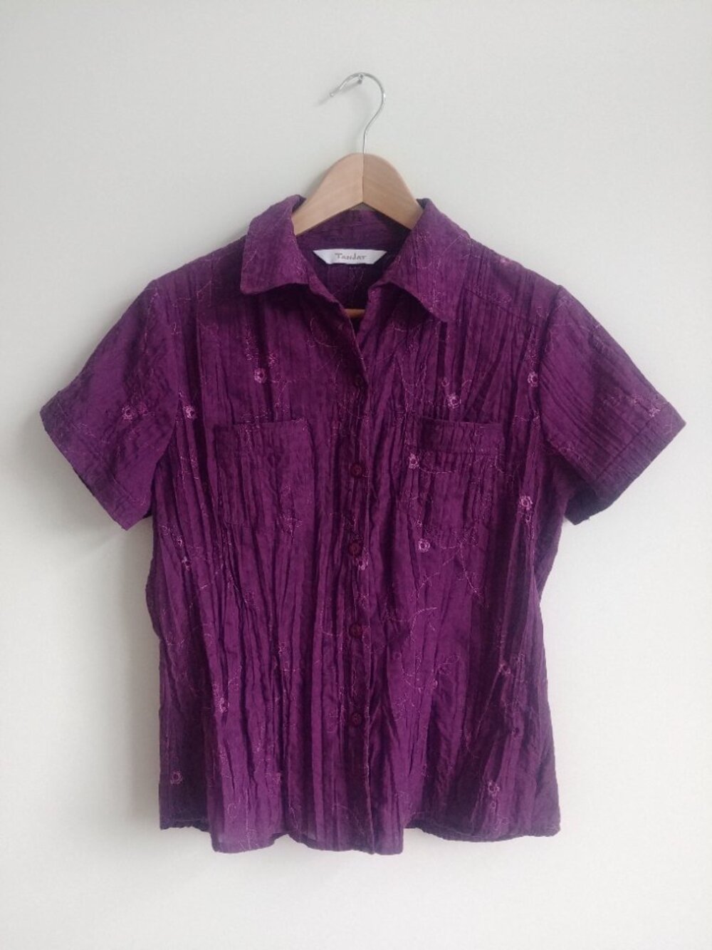 Lightweight cotton blend embroidered purple button down short sleeve blouse top
